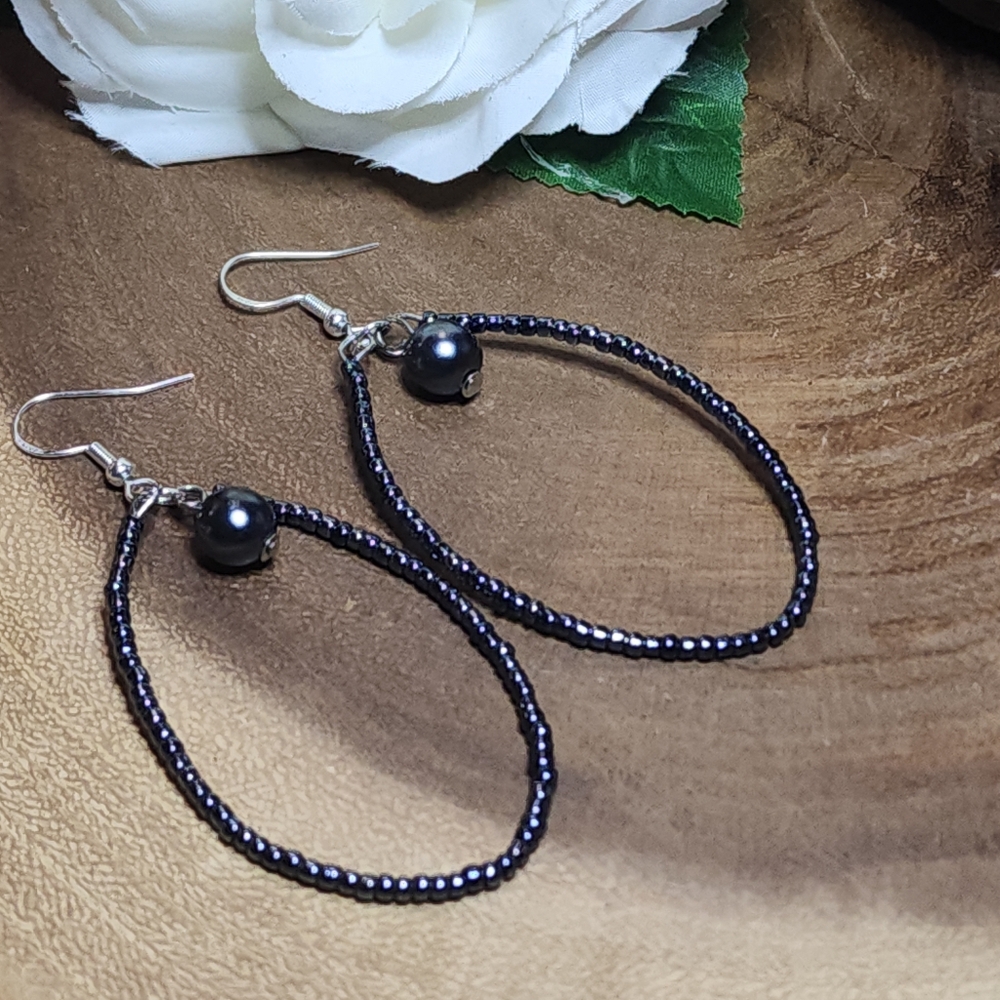 Hand Crafted Seed Beaded Dangle Drop Hoop Earrings